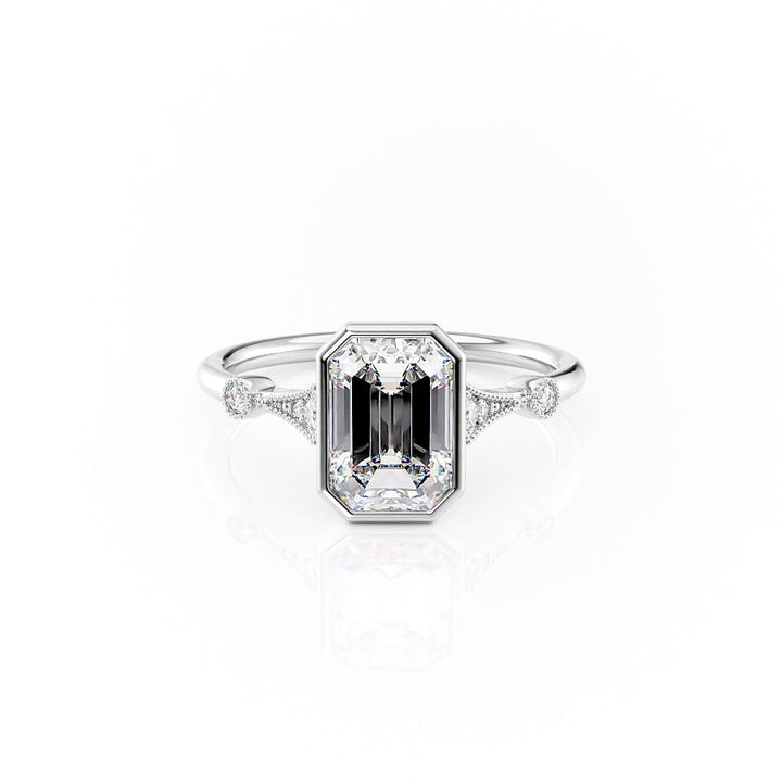 Diamond ring with emerald-cut diamond on a white background#material_white