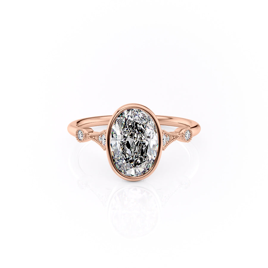 Rose gold ring with a large diamond and smaller diamonds on the band against a white background#material_rose
