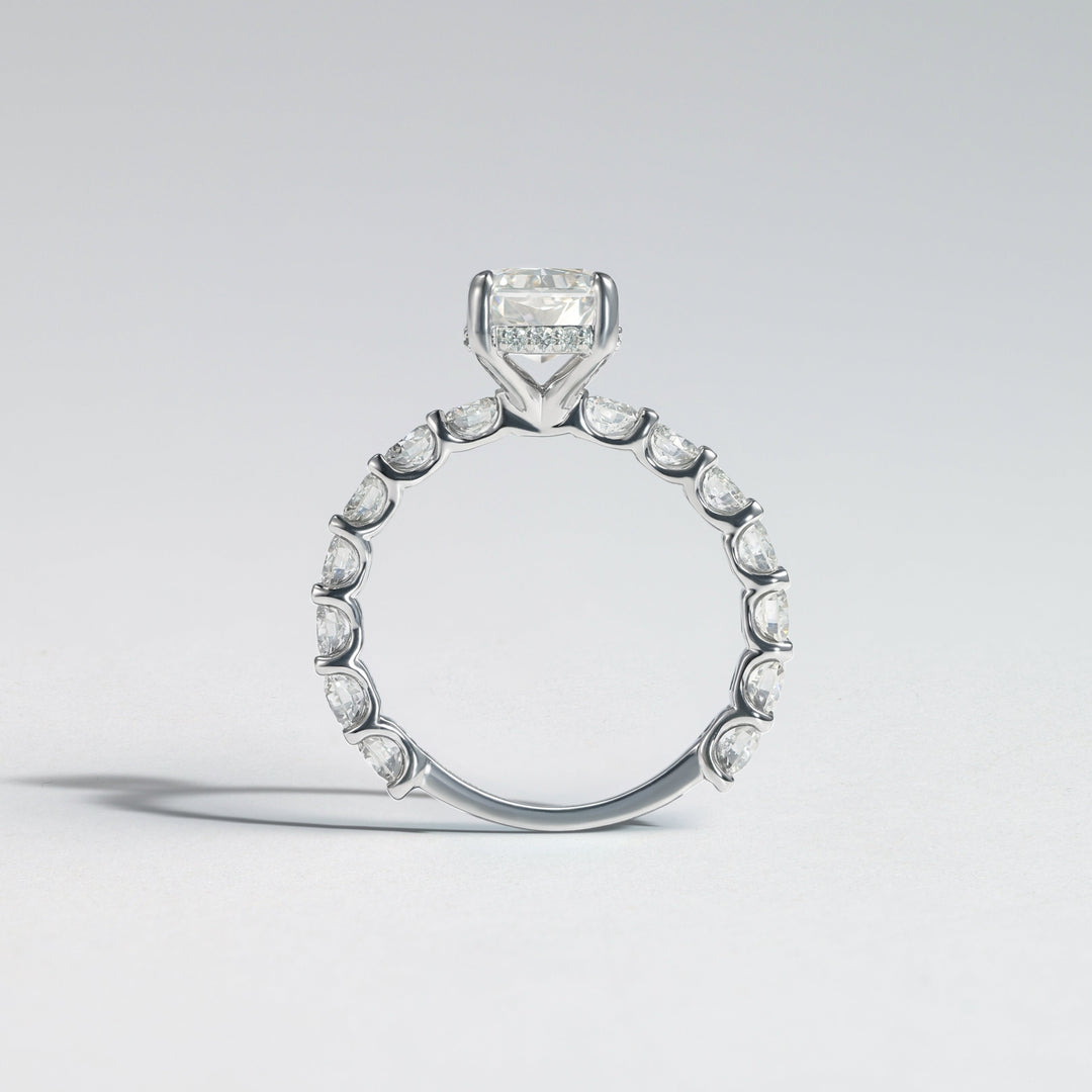 A silver-toned diamond ring featuring a large rectangular center stone and a halo of round diamonds along the band, photographed on a clean light gray background #material_white