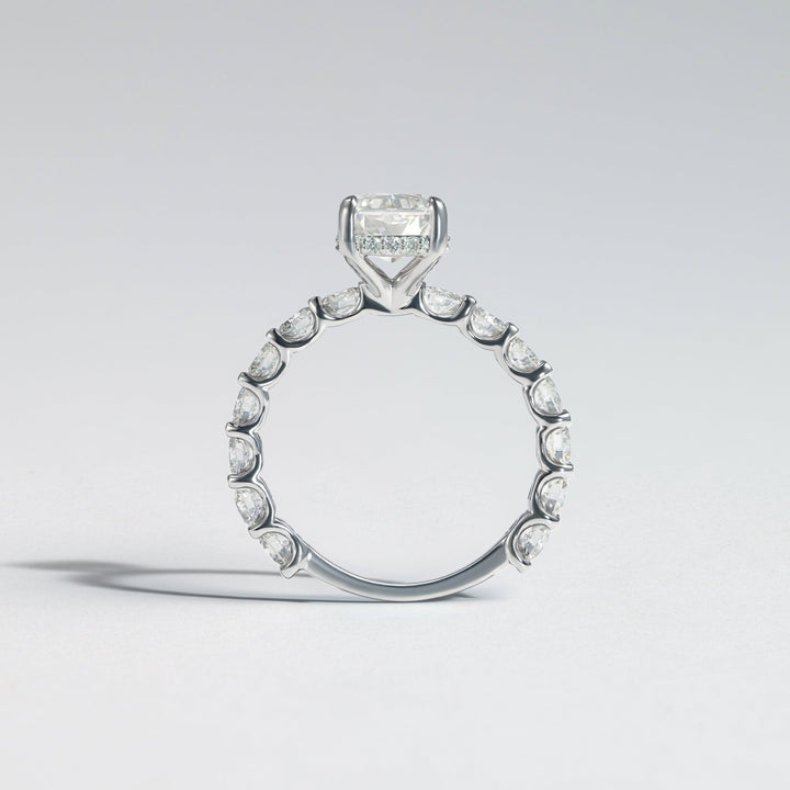 A silver-toned diamond ring featuring a large rectangular center stone and a halo of round diamonds along the band, photographed on a clean light gray background #material_white