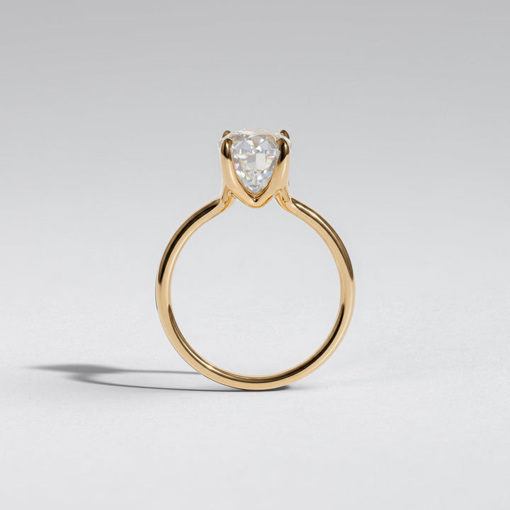A yellow gold ring featuring a heart-shaped clear gemstone in a prong setting, shown against a neutral light gray background #material_gold