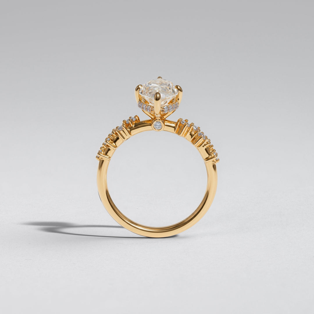 A yellow gold ring featuring a large clear round-cut center stone in a prong setting, with small clear stones along the shoulders, shown on a neutral light gray background #material_gold