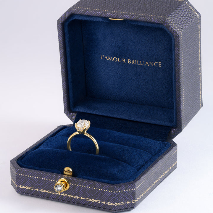 An open dark textured jewelry box with a deep blue velvet interior, displaying a gold ring with a small clear gemstone. The inside lid is lined with matching blue velvet and features the gold text 'L'AMOUR BRILLIANCE' #material_gold