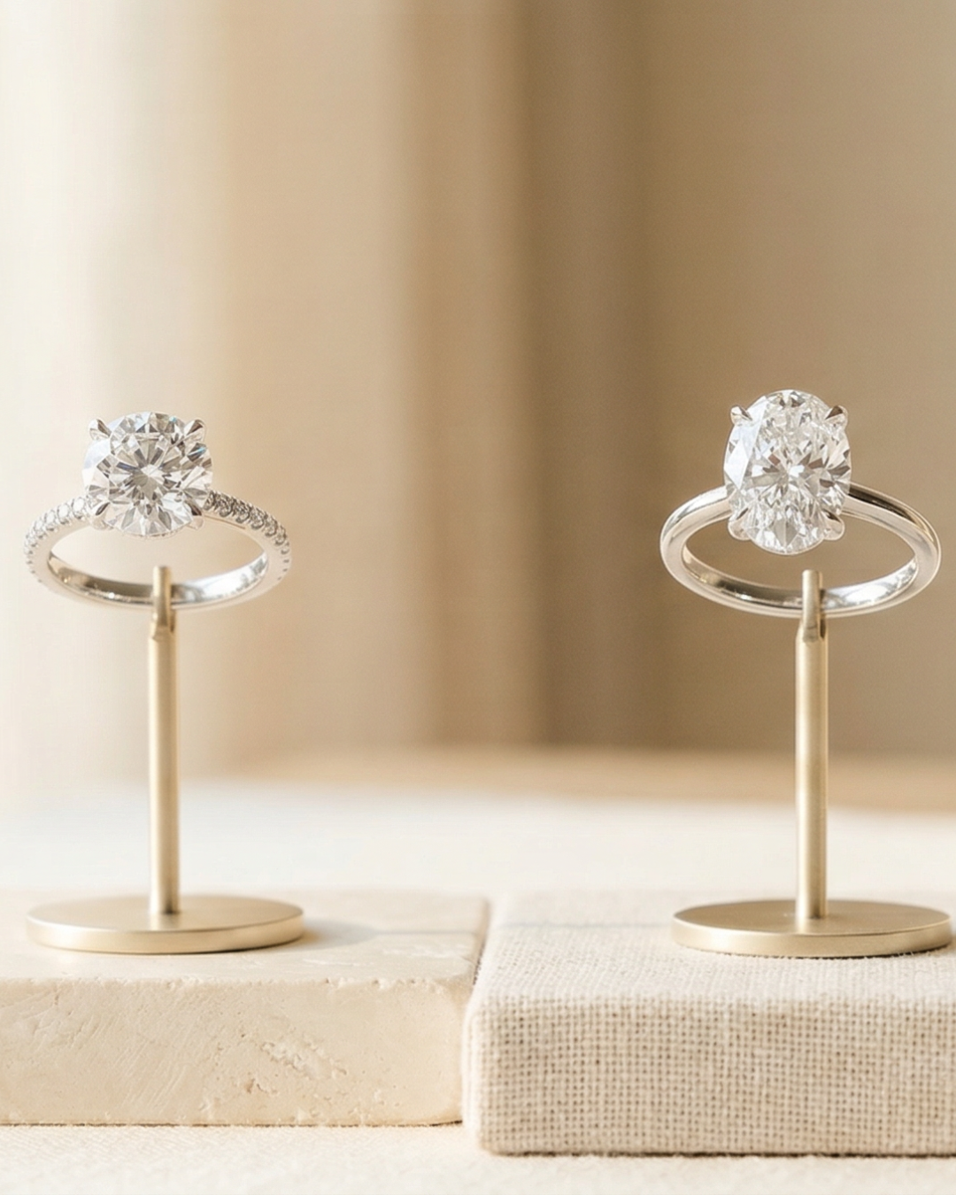 Two diamond rings on stands against a beige background