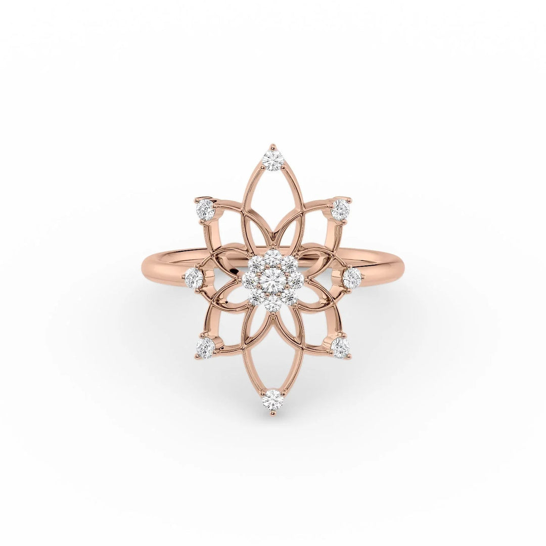 Distance Mandala Ring Statement Rings 14K Rose Round Lab Diamonds#material_14k-rose