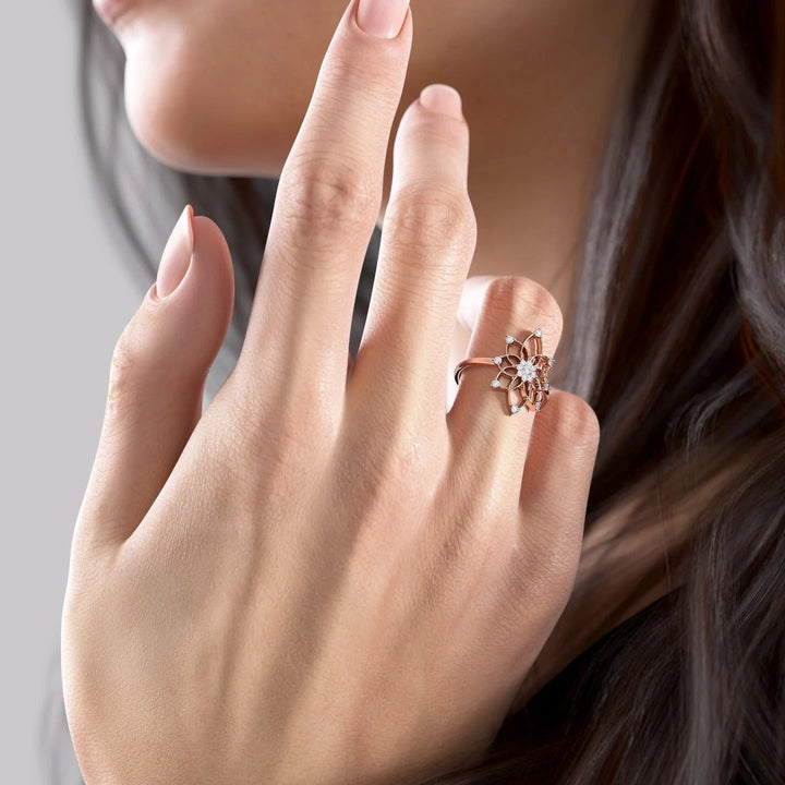 Distance Mandala Ring Statement Rings 14K Rose Round Lab Diamonds#material_14k-rose