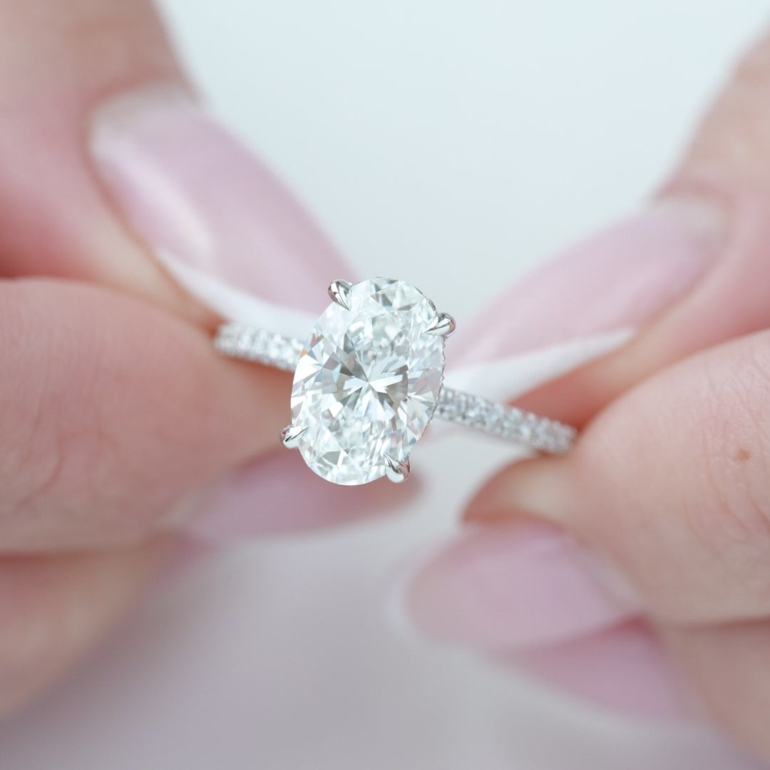 The Pave Crown Liberty Oval Lab Diamond Moissanite Engagement Ring
