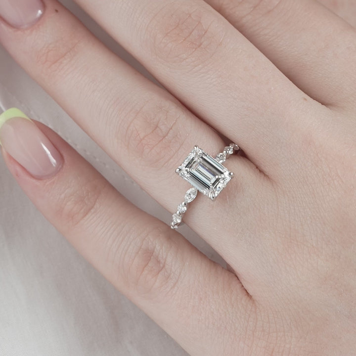 The Lyra Emerald Lab Diamond Moissanite Engagement Ring *Shown with 3 ct #material_white