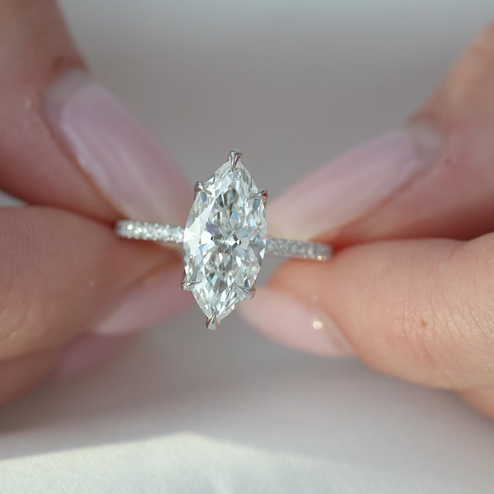 The Pave Logan Marquise Lab Diamond Moissanite Engagement Ring *Shown with 3 ct #material_white