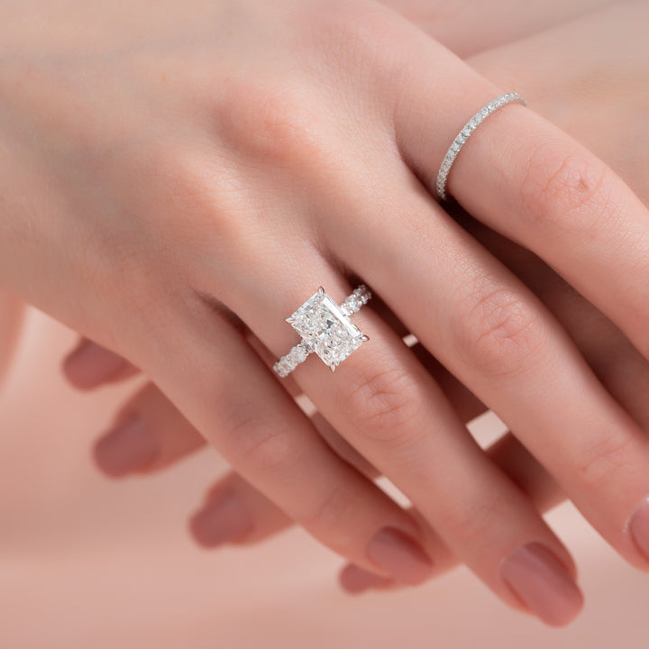 The Amora Radiant Lab Diamond Moissanite Engagement Ring *Shown with 3 ct #material_white