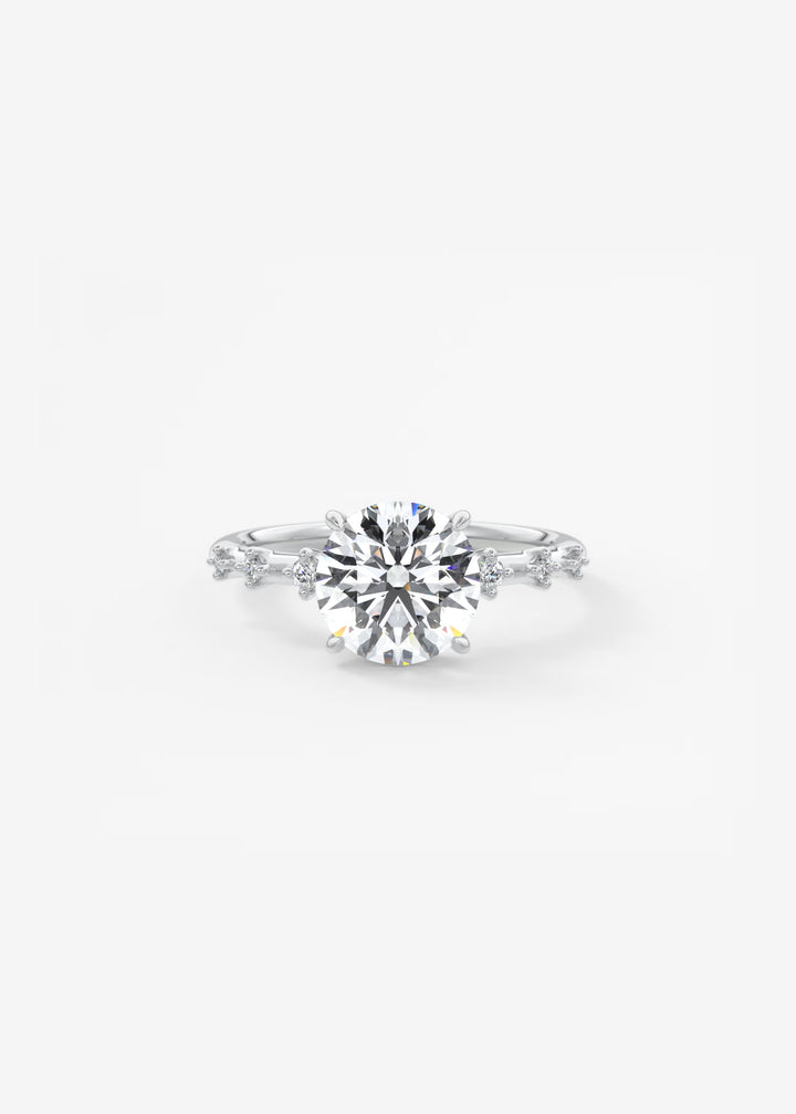 A silver-toned diamond engagement ring featuring a round-cut center stone and smaller diamonds along the shoulders, set against a plain white background.#material_white
