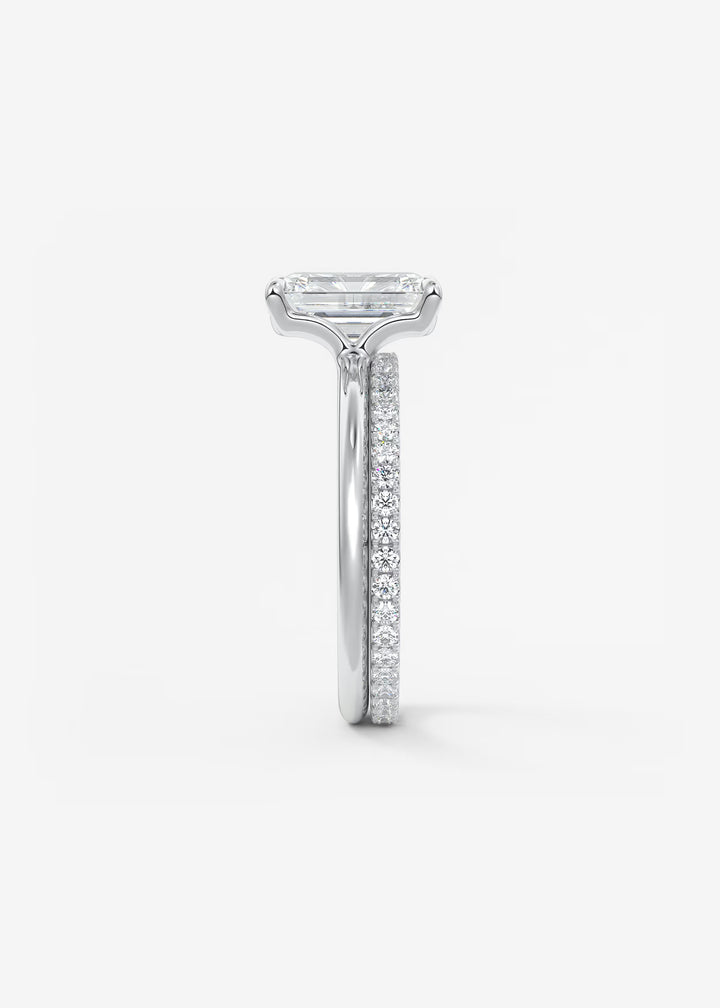 The Colombe Modern Emerald Cut Engagement Ring with Stackable, Low Profile Open Basket#material_white