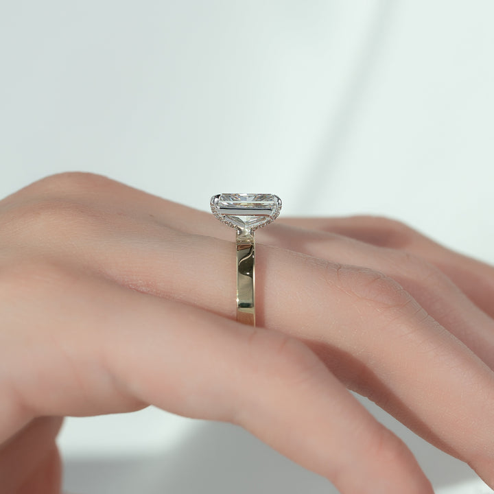 The Estella Radiant Lab Diamond Moissanite Engagement Ring *Shown with 2 ct *2.5mm Band *Pave Prongs #material_gold