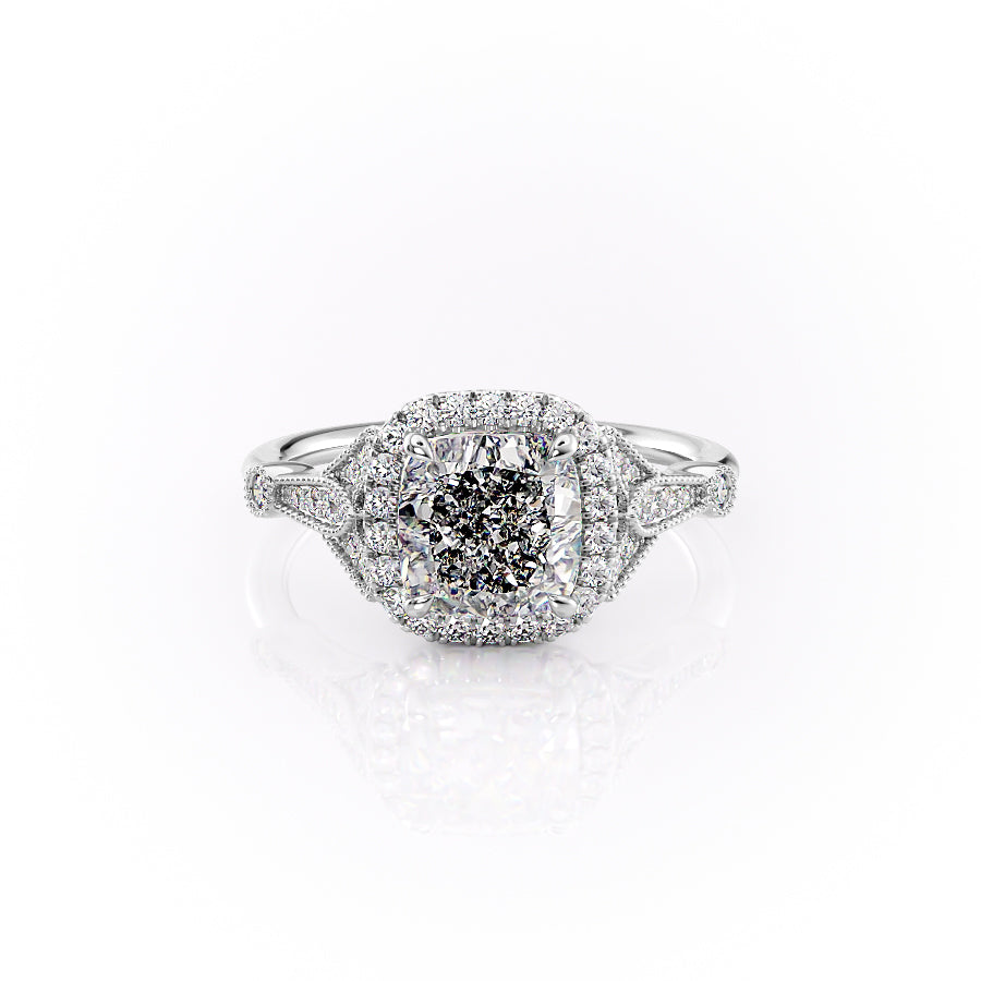 The Halo Sharon Set With Cushion Vintage Moissanite#material_18k-white