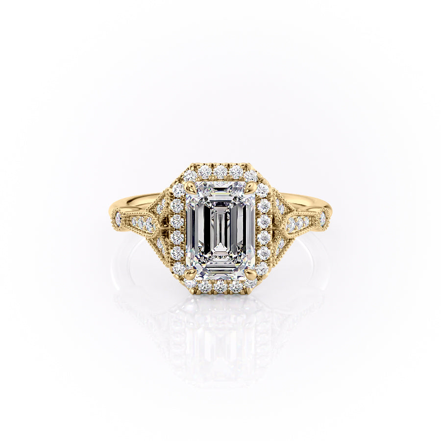 The Halo Sharon Set With Emerald Vintage Moissanite#material_14k-gold