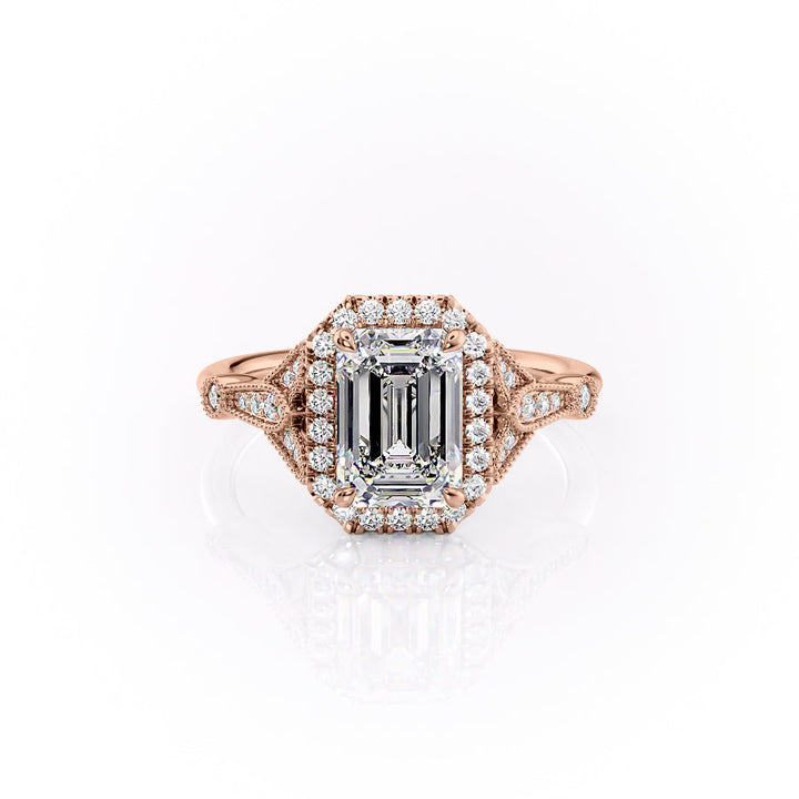 The Halo Sharon Set With Emerald Vintage Lab Diamond 1 Carat 14K Rose#material_14k-rose