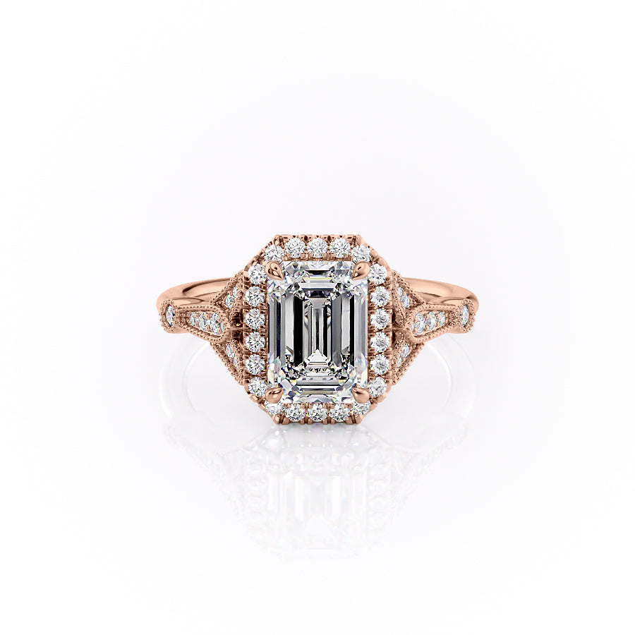 The Halo Sharon Set With Emerald Vintage Moissanite#material_14k-rose