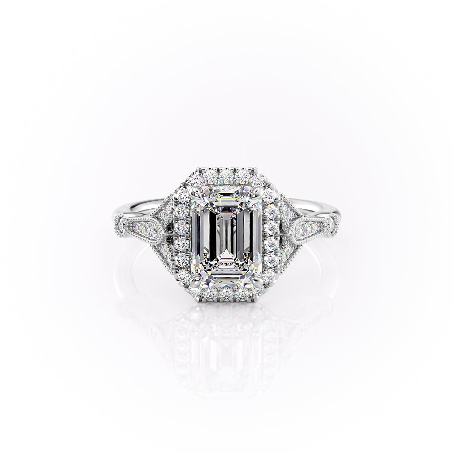 The Halo Sharon Set With Emerald Vintage Lab Diamond 1 Carat 14K White#material_14k-white