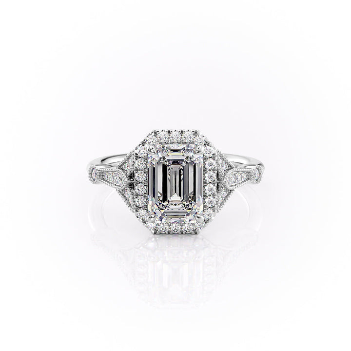 The Halo Sharon Set With Emerald Vintage Moissanite#material_14k-white