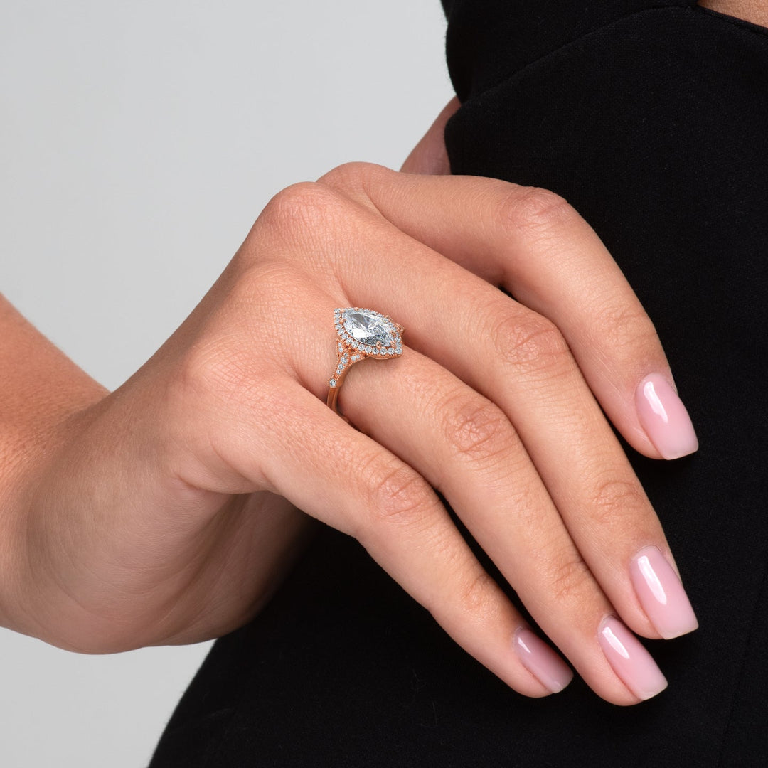 The Halo Sharon Marquise Lab Diamond Moissanite Engagement Ring