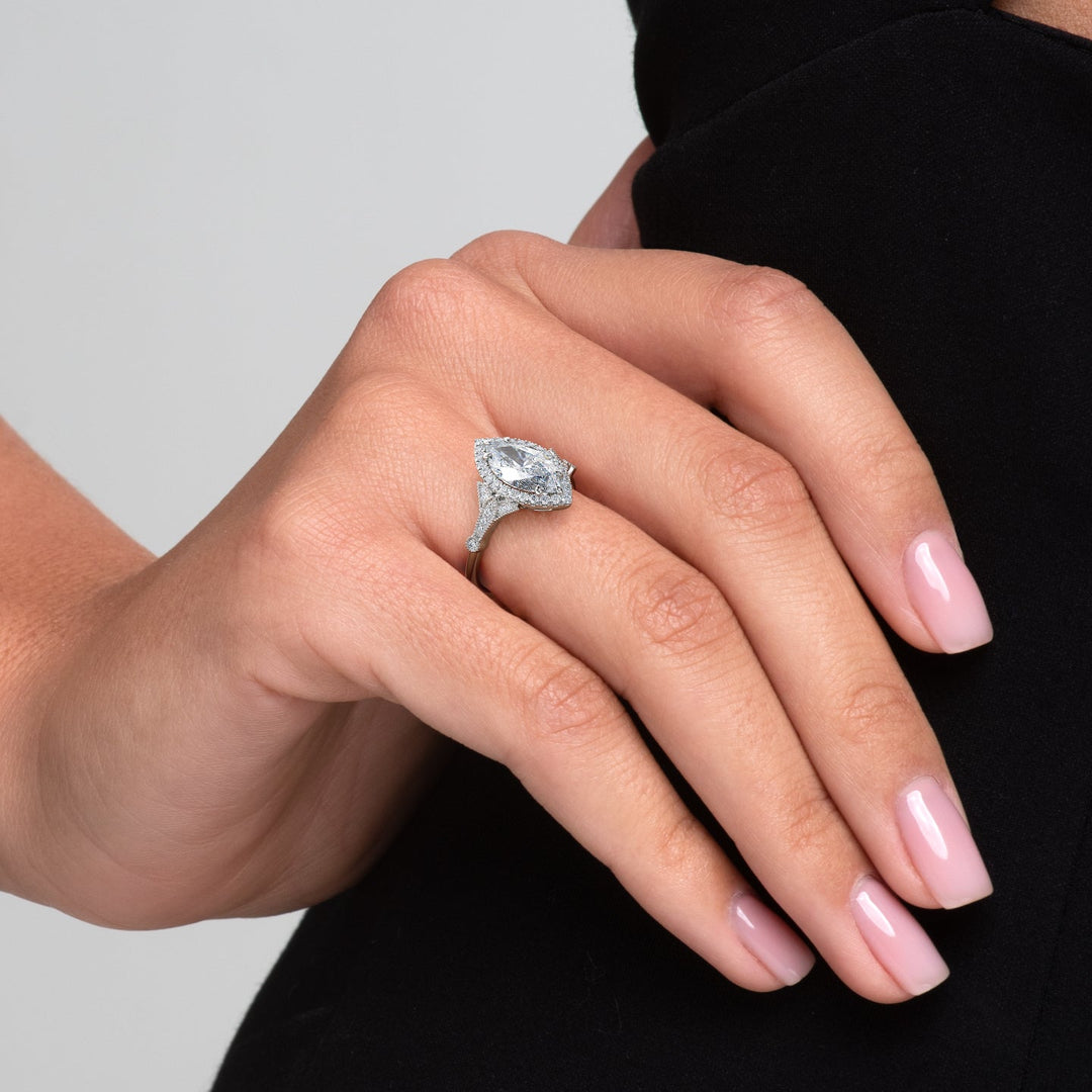 The Halo Sharon Marquise Lab Diamond Moissanite Engagement Ring