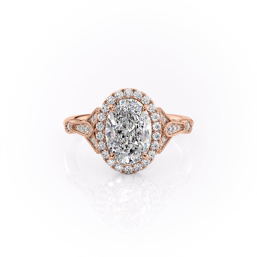 The Halo Sharon Set With Oval Vintage Lab Diamond 1 Carat 14K Rose#material_14k-rose