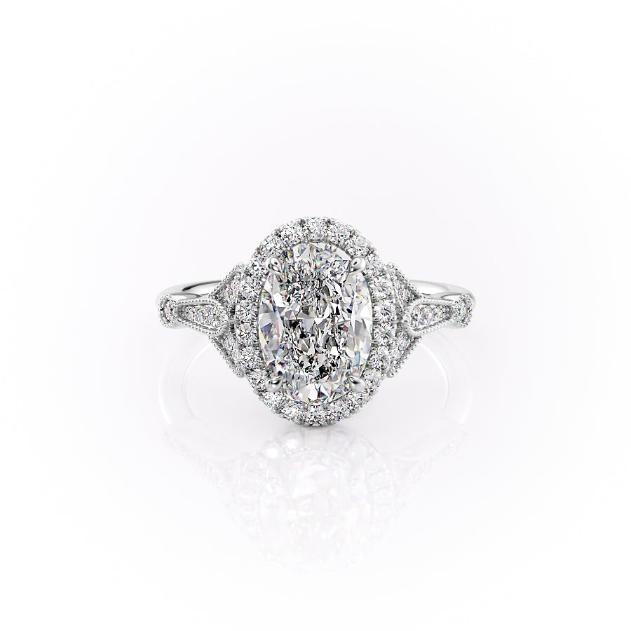 The Halo Sharon Set With Oval Vintage Lab Diamond 1 Carat 14K White#material_14k-white