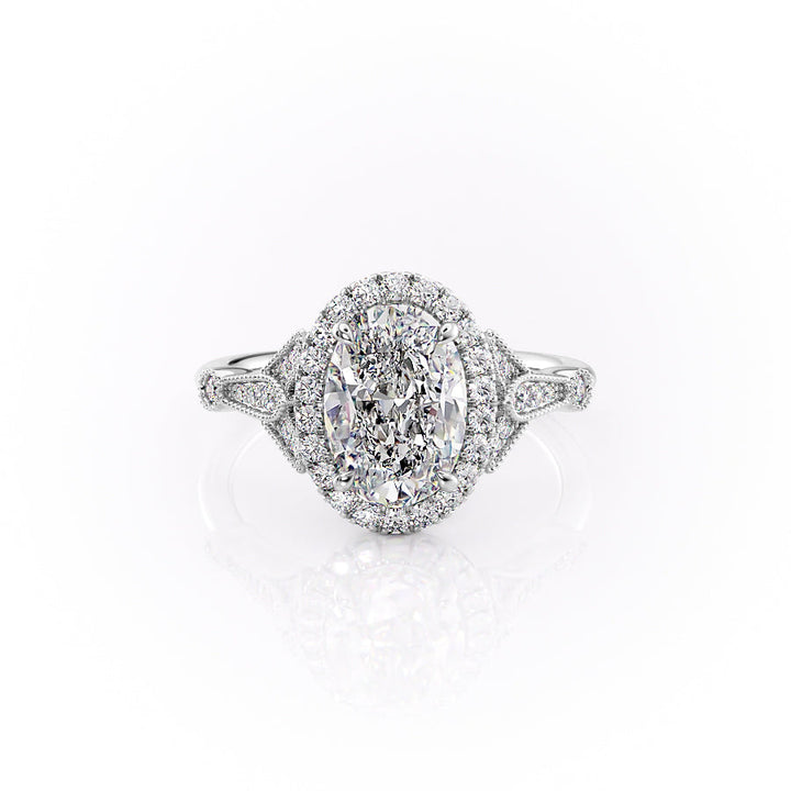 The Halo Sharon Set With Oval Vintage Lab Diamond 1 Carat 14K White#material_14k-white