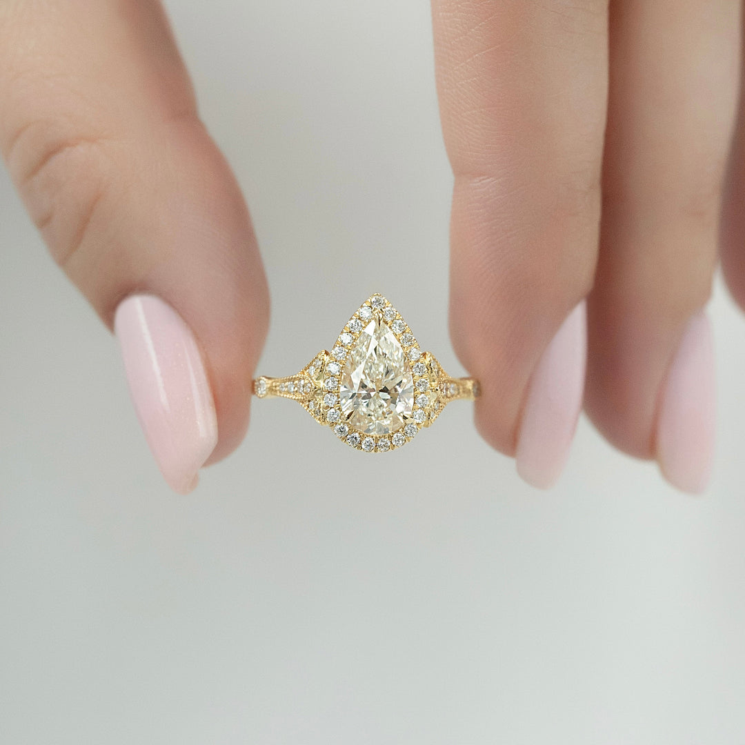 The Halo Sharon Set With Pear Vintage Moissanite#material_14k-gold