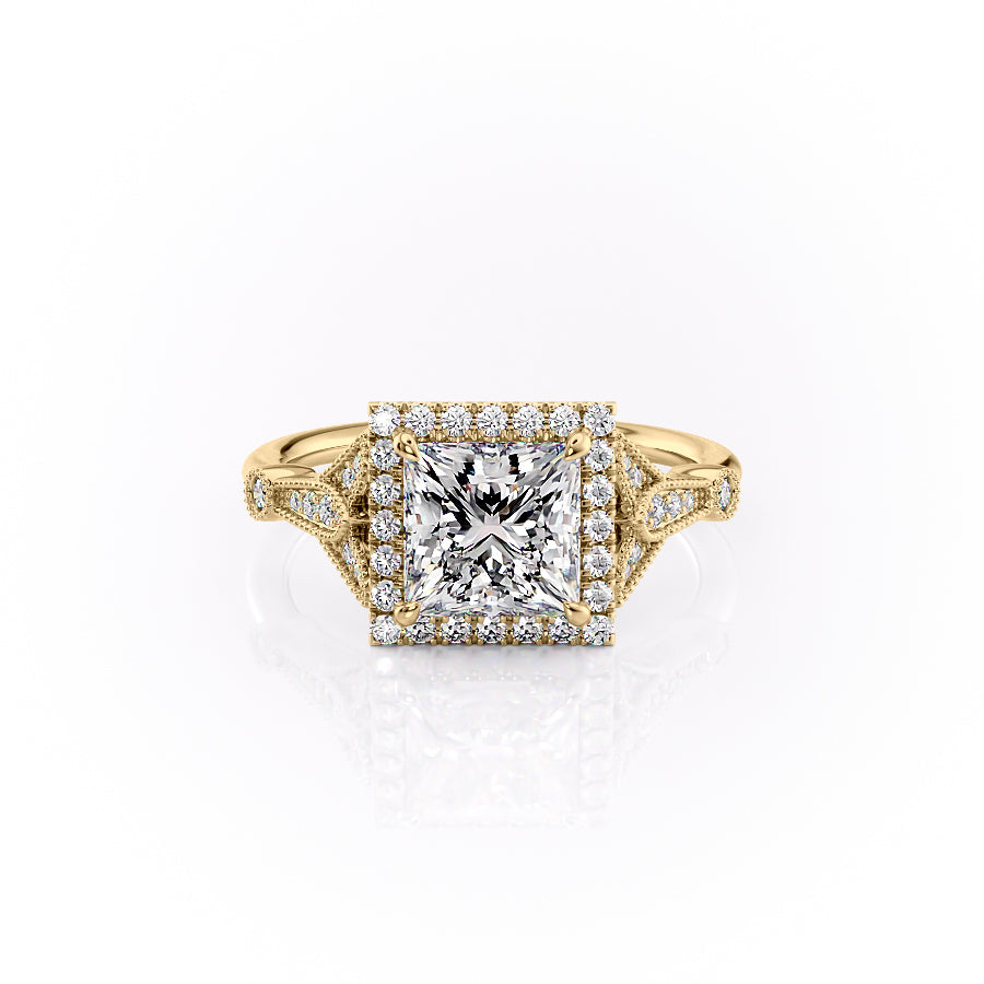 The Halo Sharon Set With Princess Vintage Lab Diamond 1 Carat 14K Gold#material_14k-gold