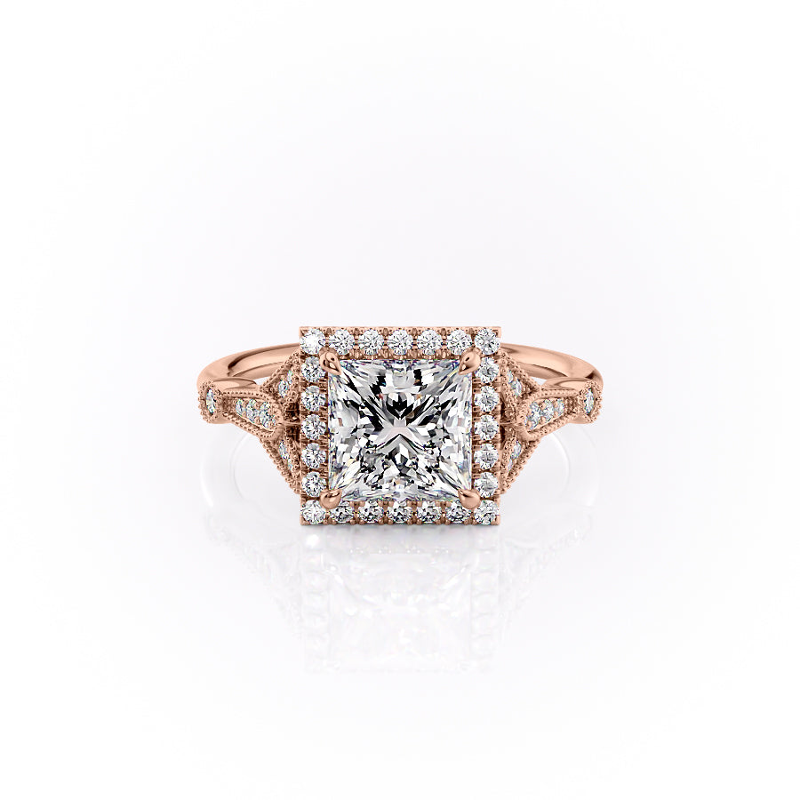 The Halo Sharon Set With Princess Vintage Lab Diamond 1 Carat 14K Rose#material_14k-rose