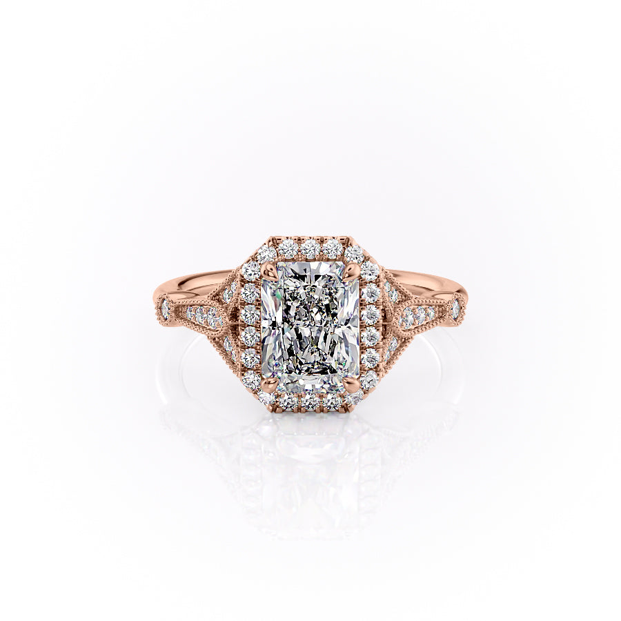 The Halo Sharon Set With Radiant Vintage Lab Diamond 1 Carat 14K Rose#material_14k-rose