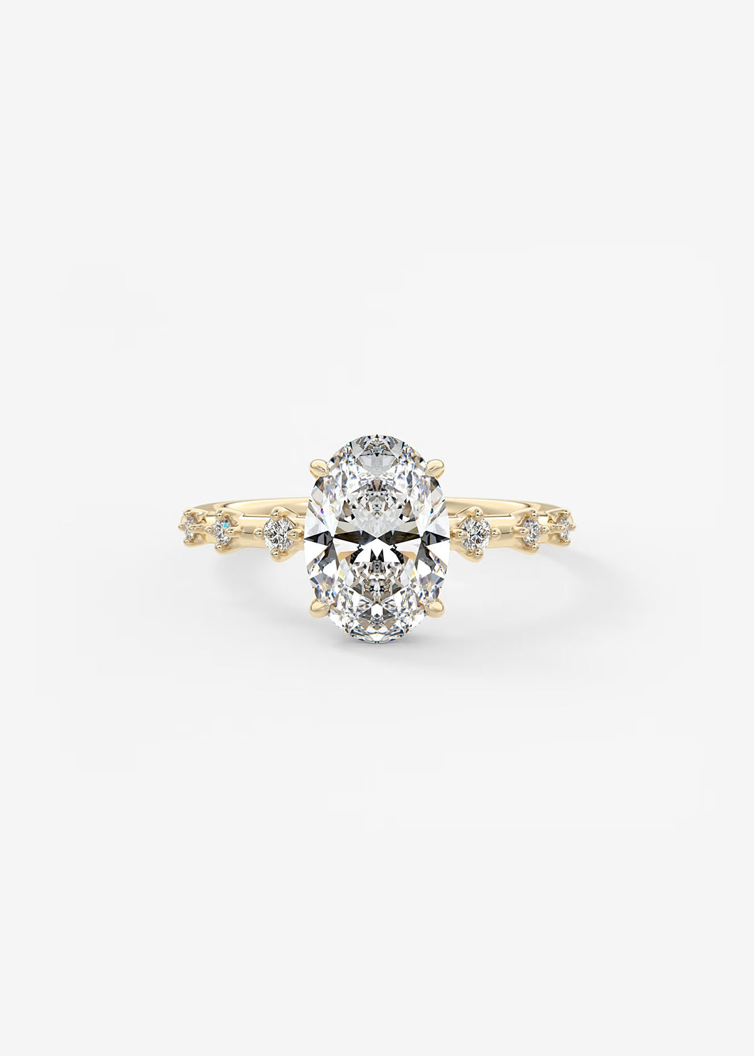 A yellow gold engagement ring featuring a large oval-cut center stone and smaller accent stones along the shoulders, set against a plain white background.#material_gold
