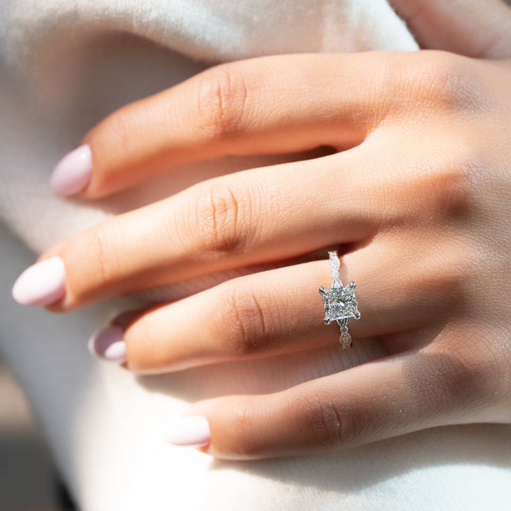 The Juliet Princess Lab Diamond Moissanite Engagement Ring *Shown with 1.5 ct #material_white