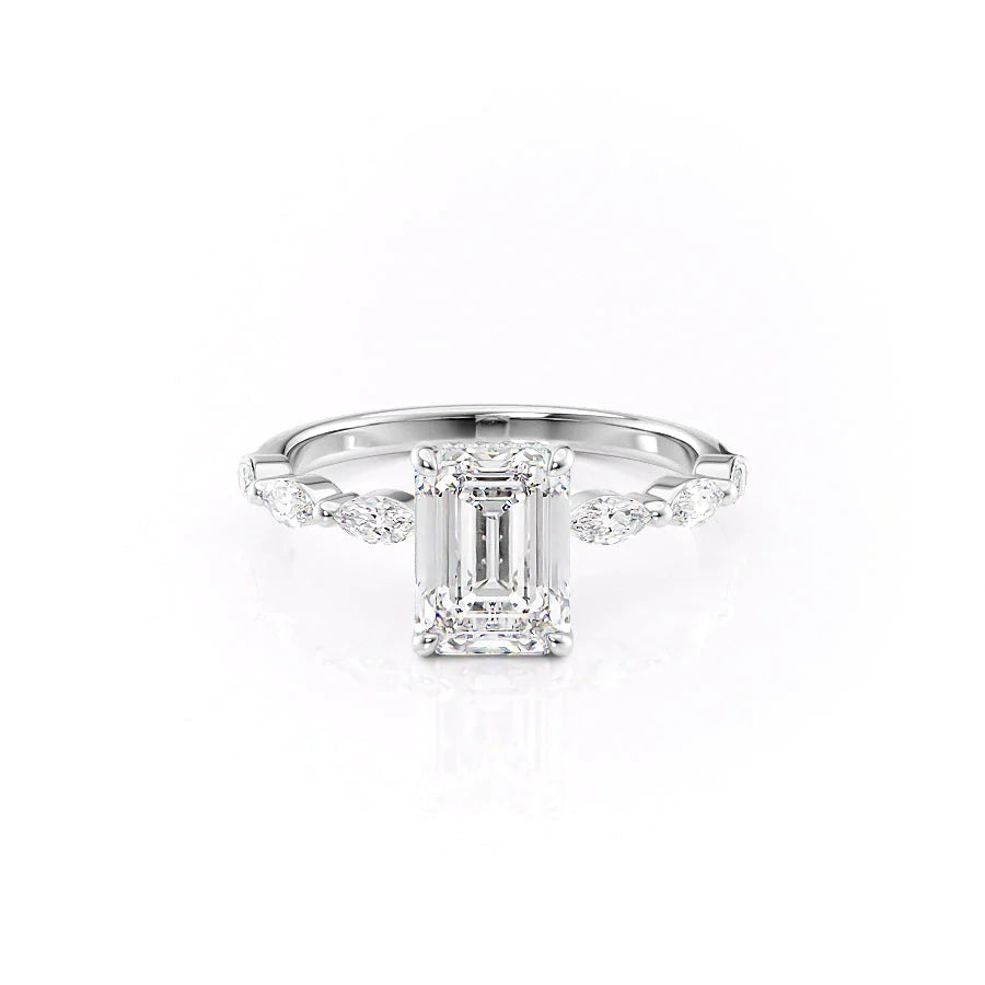 The Linda Set With Emerald Side Stone Lab Diamond 1 Carat 14K White#material_white
