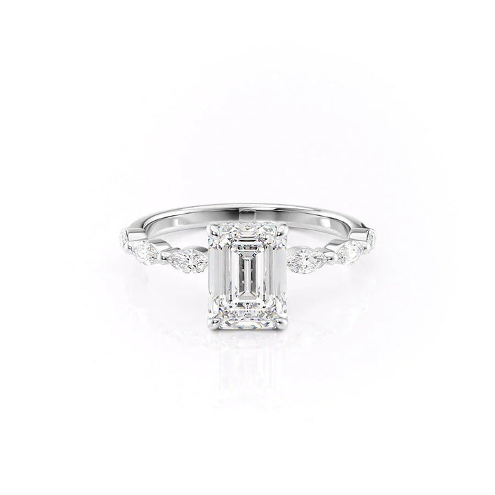 The Linda Set With Emerald Side Stone Lab Diamond 1 Carat 14K White#material_white