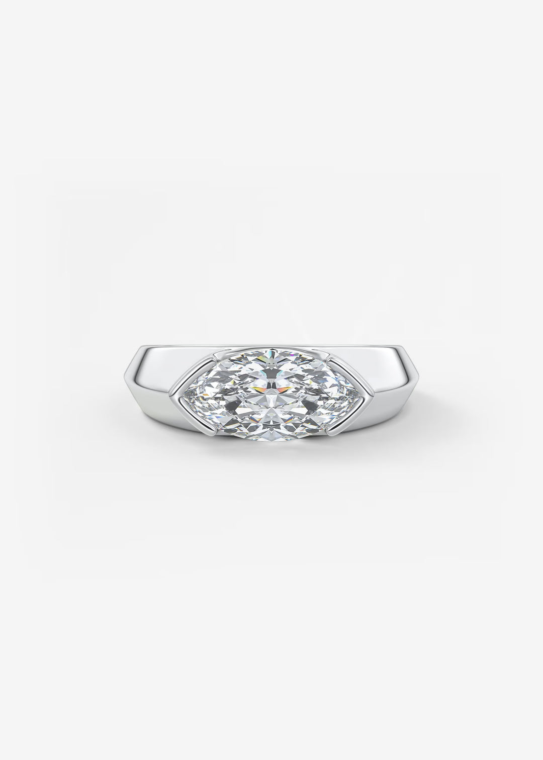 A silver-toned ring featuring a marquise-cut clear gemstone in a shield-like setting, photographed on a clean white background.#material_white