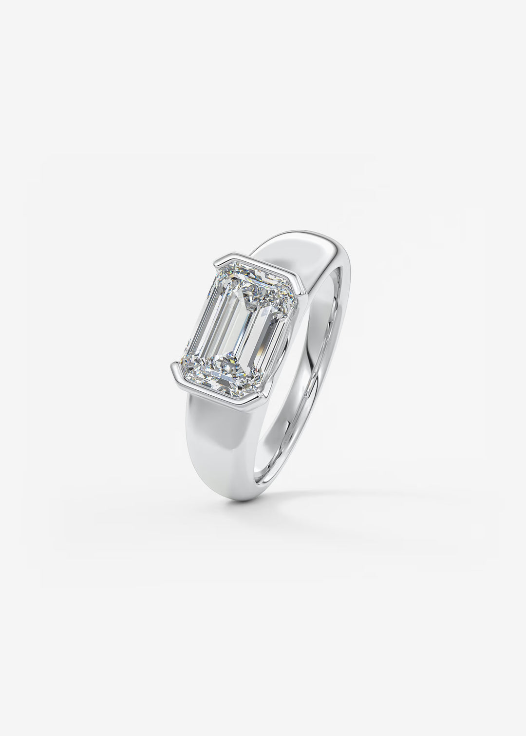 The Lune Horizon Chunky Emerald Cut Half Bezel Engagement Ring with Peekaboo Gallery#material_white