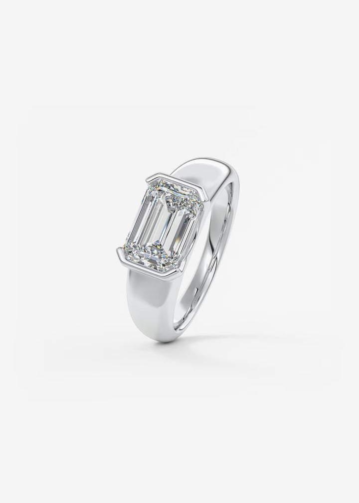 The Lune Horizon Chunky Emerald Cut Half Bezel Engagement Ring with Peekaboo Gallery#material_white