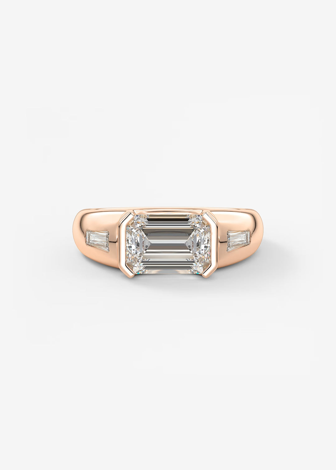 Rose gold ring with emerald-cut diamond on a light gray background#material_rose