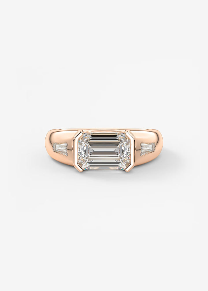 Rose gold ring with emerald-cut diamond on a light gray background#material_rose
