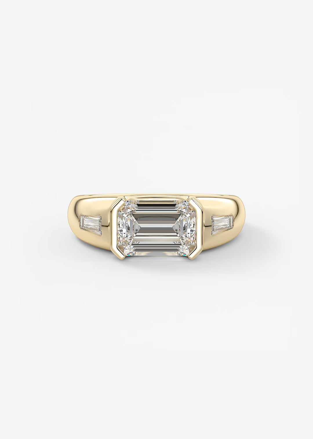 Gold ring with emerald-cut diamond on a white background#material_gold