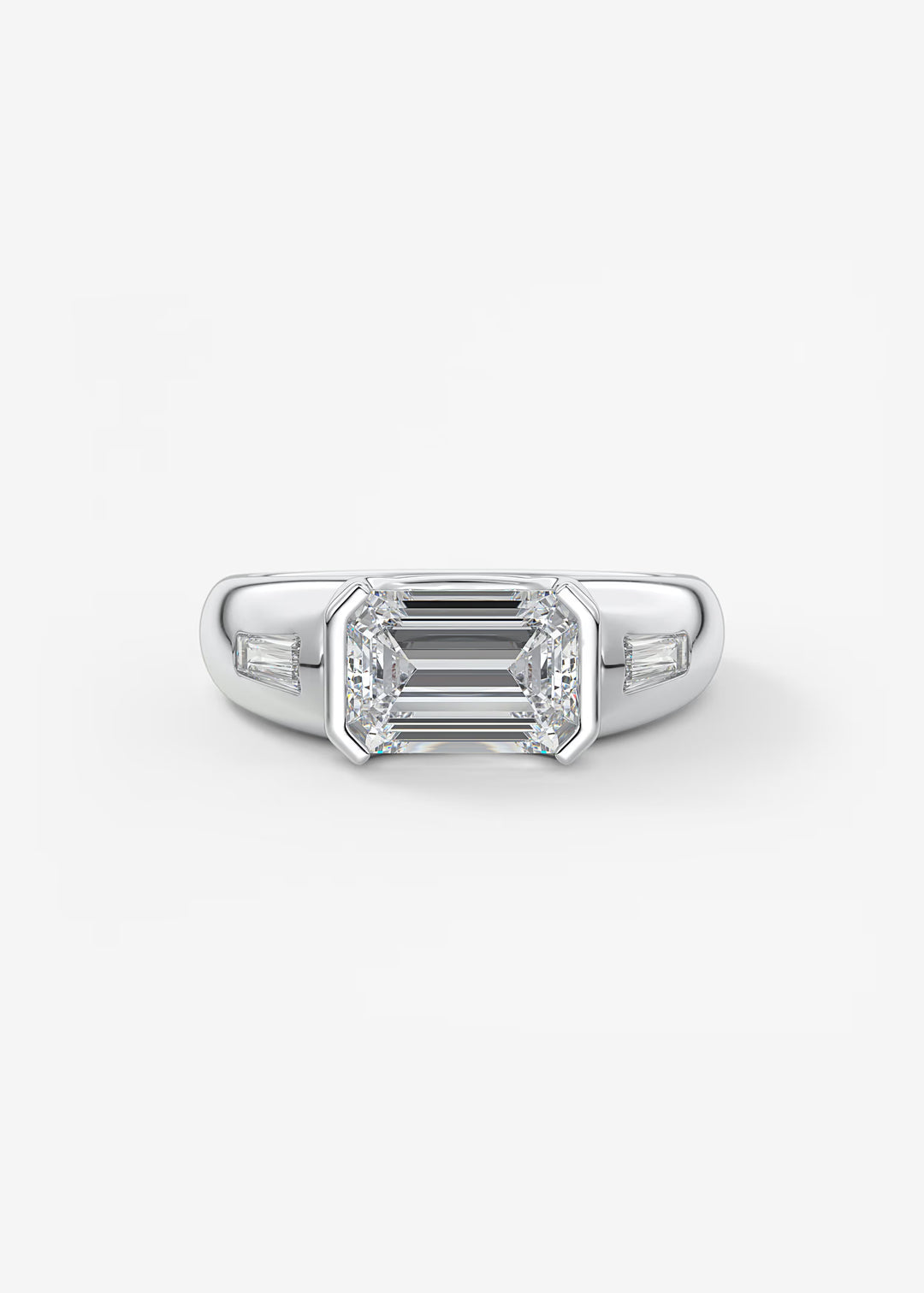 Diamond ring with emerald-cut center stone on a white background#material_white
