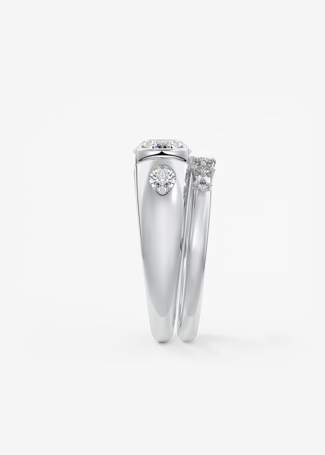 The Lune Trio Oval Cut Half Bezel Three Stone Engagement Ring with Peekaboo Gallery and Tapered Baguettes#material_white