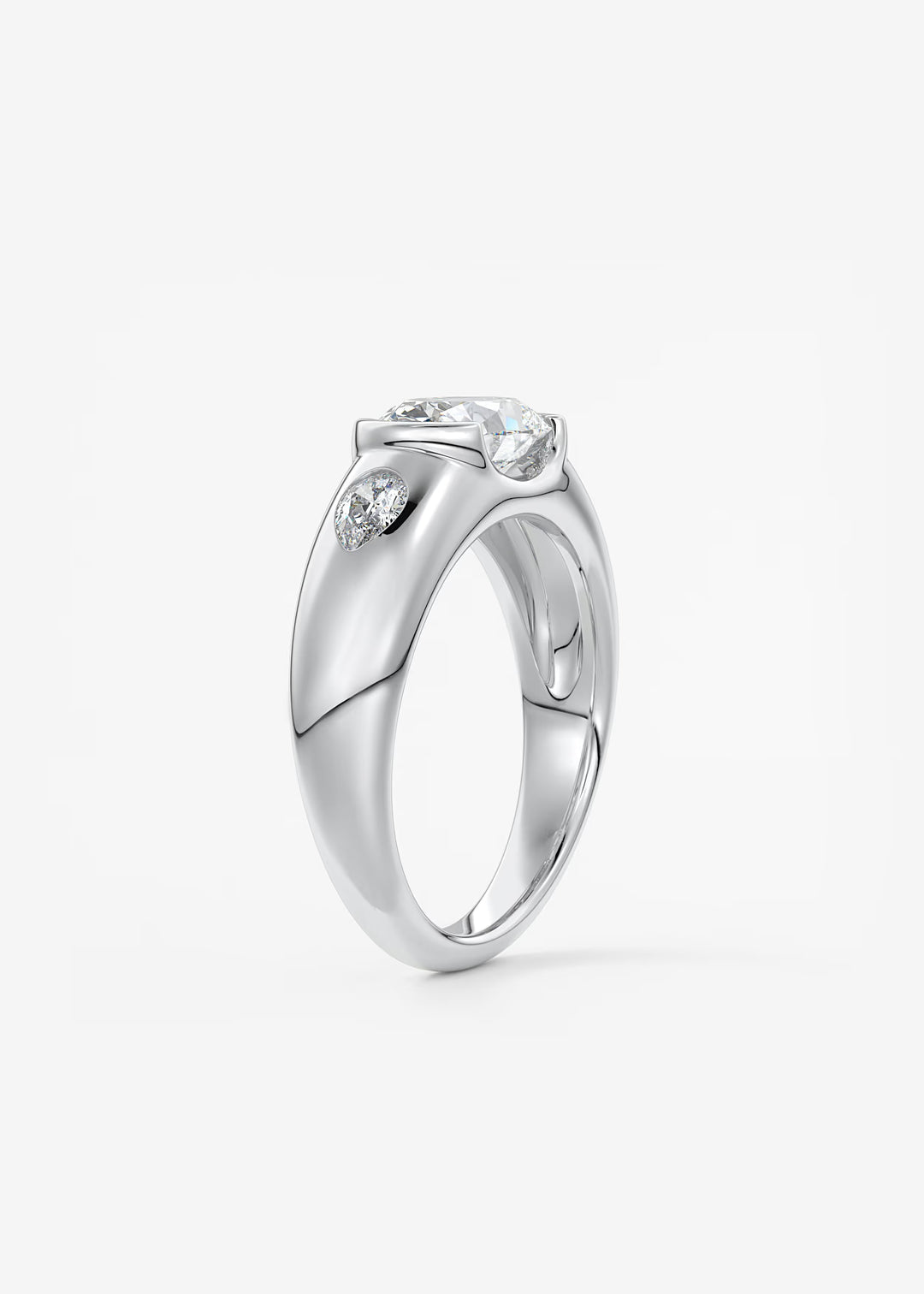 The Lune Trio Oval Cut Half Bezel Three Stone Engagement Ring with Peekaboo Gallery and Tapered Baguettes#material_white