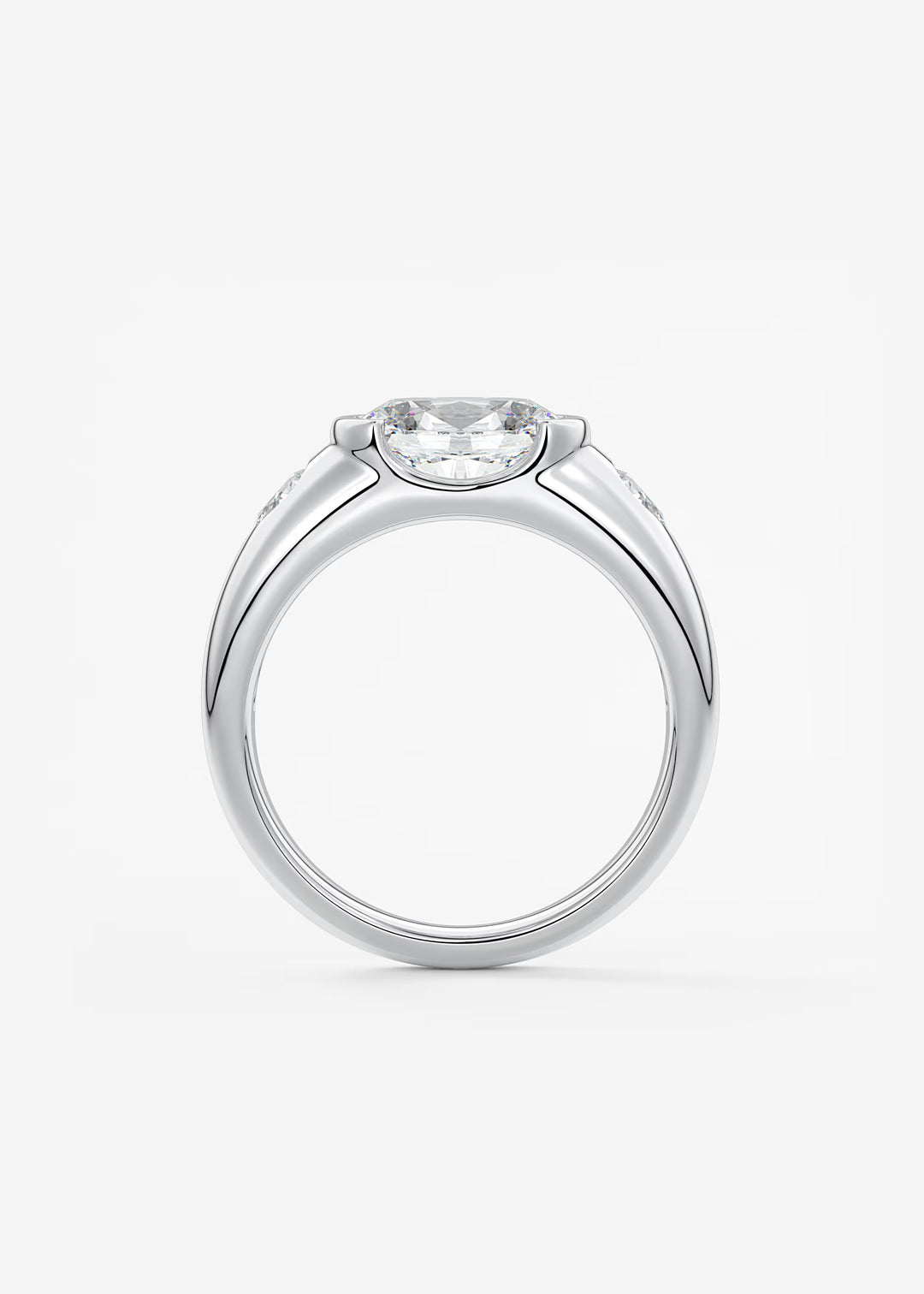 The Lune Trio Oval Cut Half Bezel Three Stone Engagement Ring with Peekaboo Gallery and Tapered Baguettes#material_white