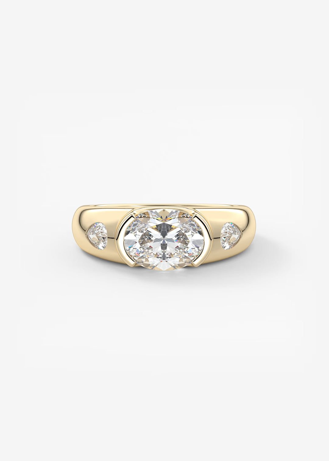A yellow gold ring featuring a large round-cut center stone and two smaller pear-shaped side stones, set against a plain light gray background.#material_gold