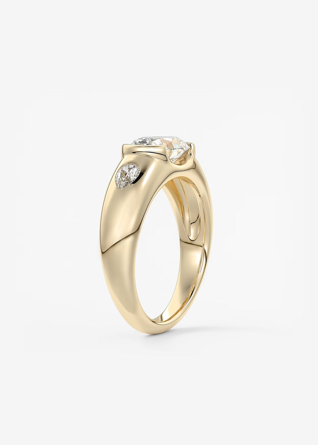 The Lune Trio Oval Cut Half Bezel Three Stone Engagement Ring with Peekaboo Gallery and Tapered Baguettes#material_gold