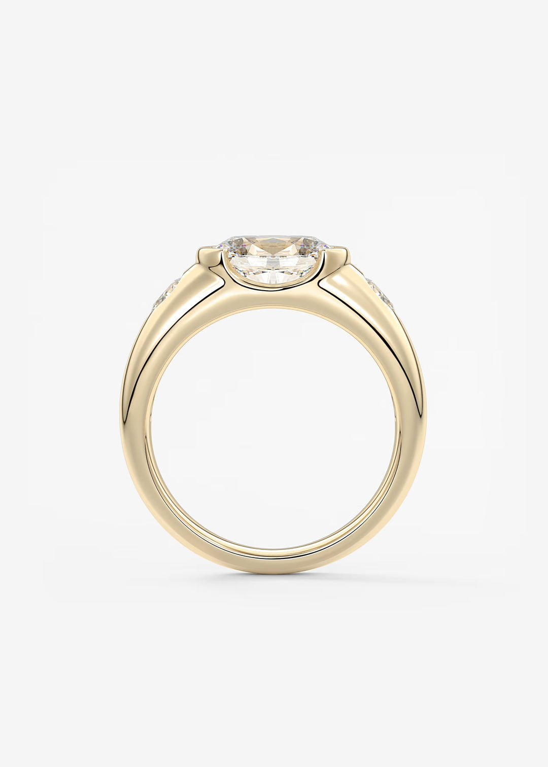 The Lune Trio Oval Cut Half Bezel Three Stone Engagement Ring with Peekaboo Gallery and Tapered Baguettes#material_gold