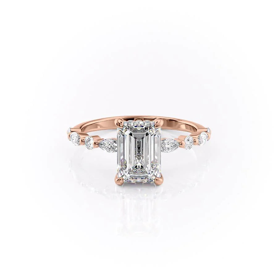 The Lyra Set With Emerald Side Stone Moissanite#material_14k-rose